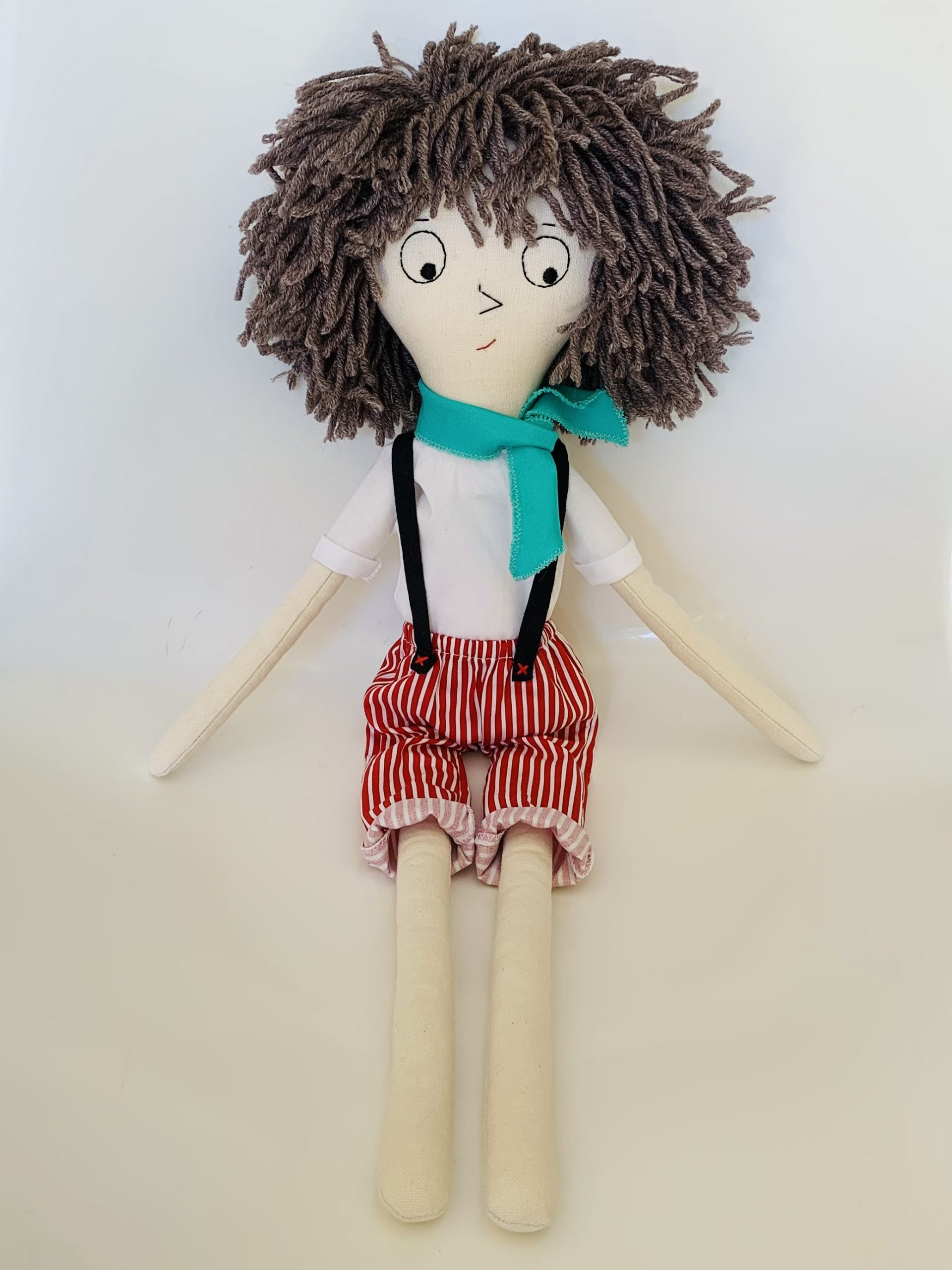 Doll Oliver with striped red short trousers with straps, white shirt and  turqoise scarf - Χειροποίητες κούκλες | Pupodolls